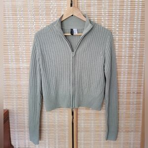 H& M Women's Ribbed Zip-Up Sweater - Sage Green